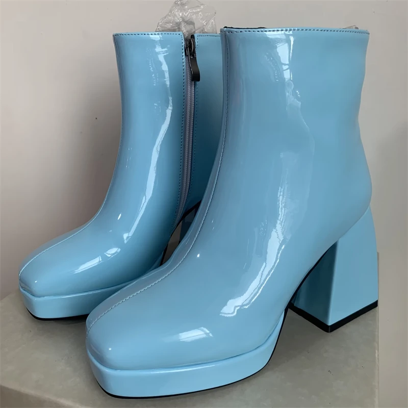 Patent Women\'s Ankle Boots Red White Black Block Heels Short Boot Female Zipper Autumn Winter Party Shoes Ladies Large Size 45