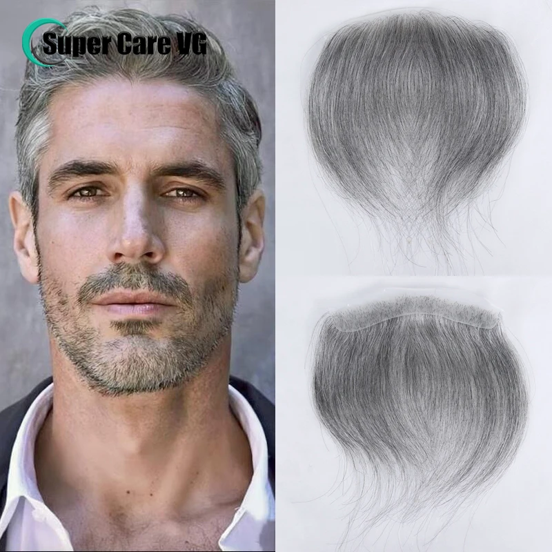 Straight Man Toupee V Style Frontal Hairline For Men Human Hair 0.06mm Ultra Thin Skin PU 1b 60 Grey Męska proteza kapilarna