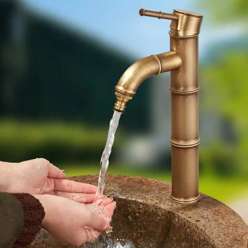 

Vintage Tap Basin Faucets Antique Brass Bamboo High Arch Bathroom Sink Faucet Singhle Handle Hot Cold Mixer Taps 855B612F