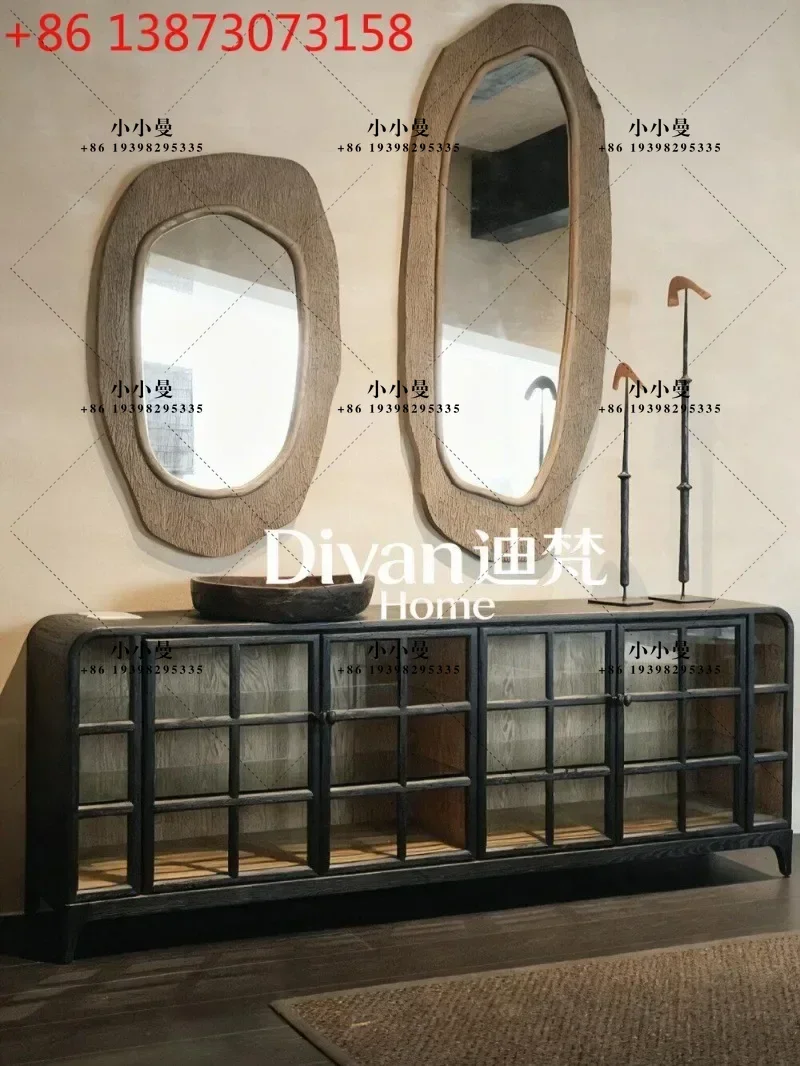 Medieval wabi sandy wind designer decorative glass door solid wood dining side cabinet