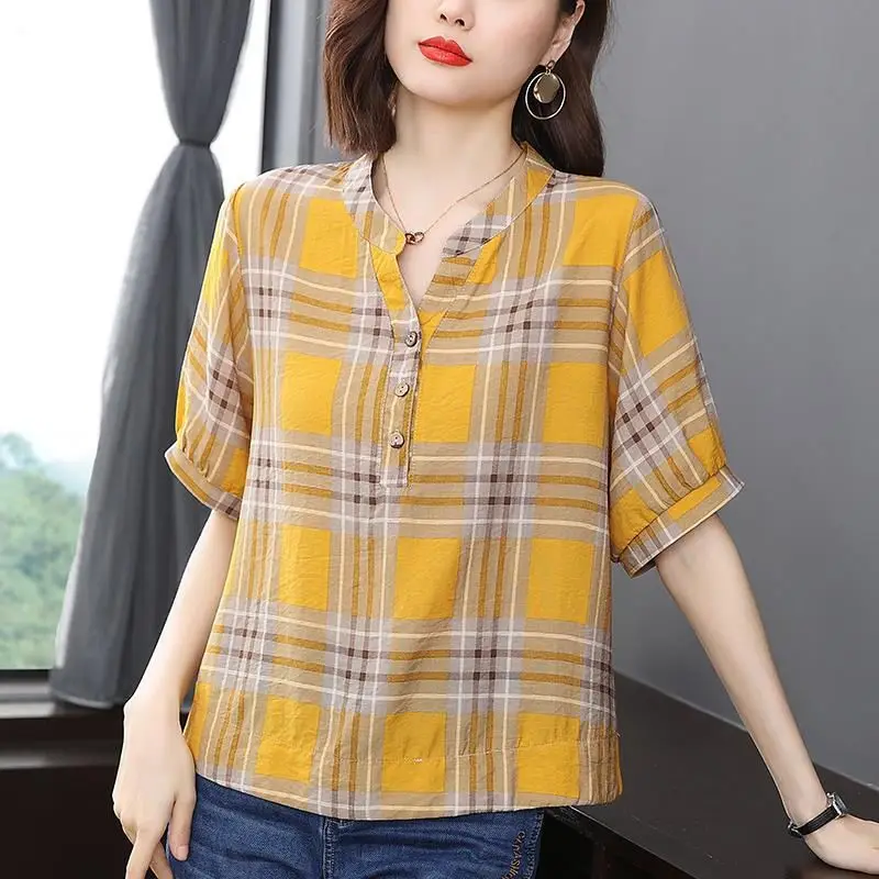 Women\'s Clothing Plaid Print Simple Casual Blouse Summer Fashion V Neck Short Sleeve Loose Shirt Cotton Comfortable Pullover Top