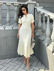 Mingmingxi Elegant Pleated Hem Knitted Dress O-neck Short Sleeve Maxi Dress Casual Single-breasted Dresses Women's Clothing