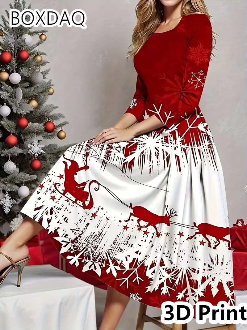 Rotes Weihnachtskleid mit Hirschmuster, Elegantes Weihnachtsparty-Langkleid, Neu 2026 Herbst-Winter Langarm O-Ausschnitt 3D-Druck Maxikleid