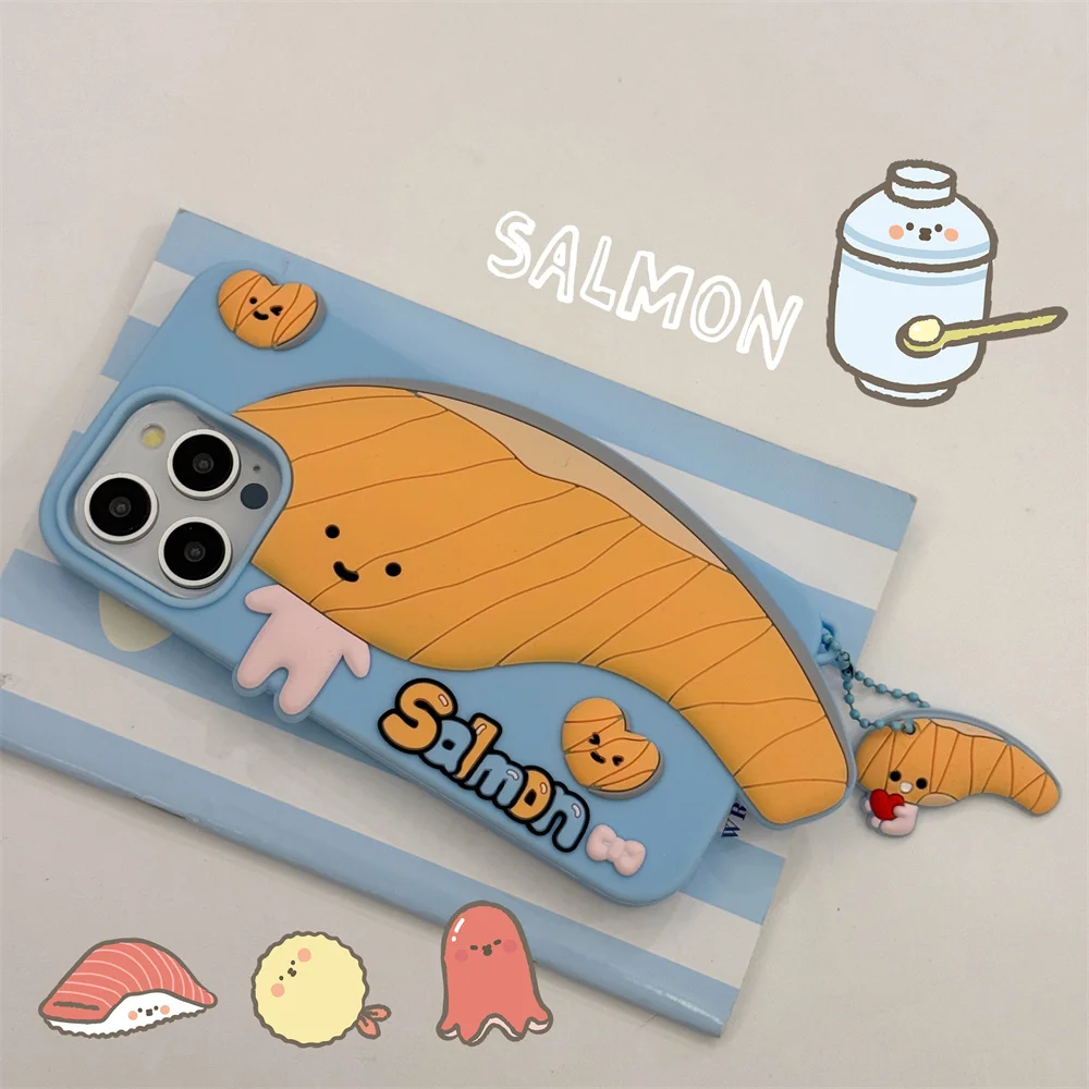 Ins Style Salmon Fish Lovely Phone Case 16 Pro 15 13 12 11 Pro Max 14 15 Plus 3d Soft Silicone Cover