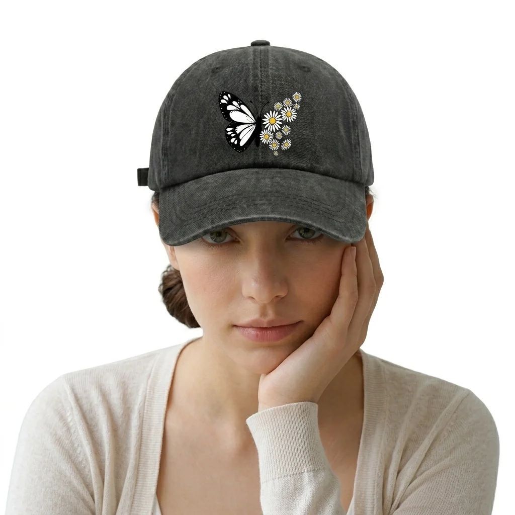 Vintage Washed Butterfly and Daisy Floral Graphic Baseball Cap, Adjustable Unisex Dad Hat for Men and Women