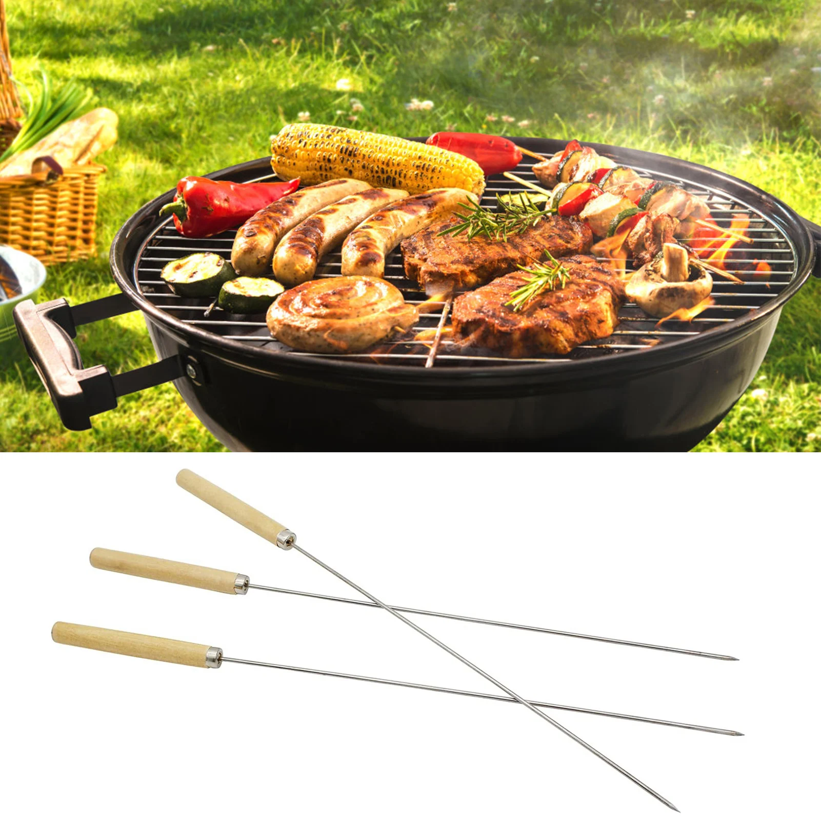 10pcs Reusable Forks Barbecue Skewer with Wooden Handles Humanized Pointed Head Suitable for Outdoor Activities