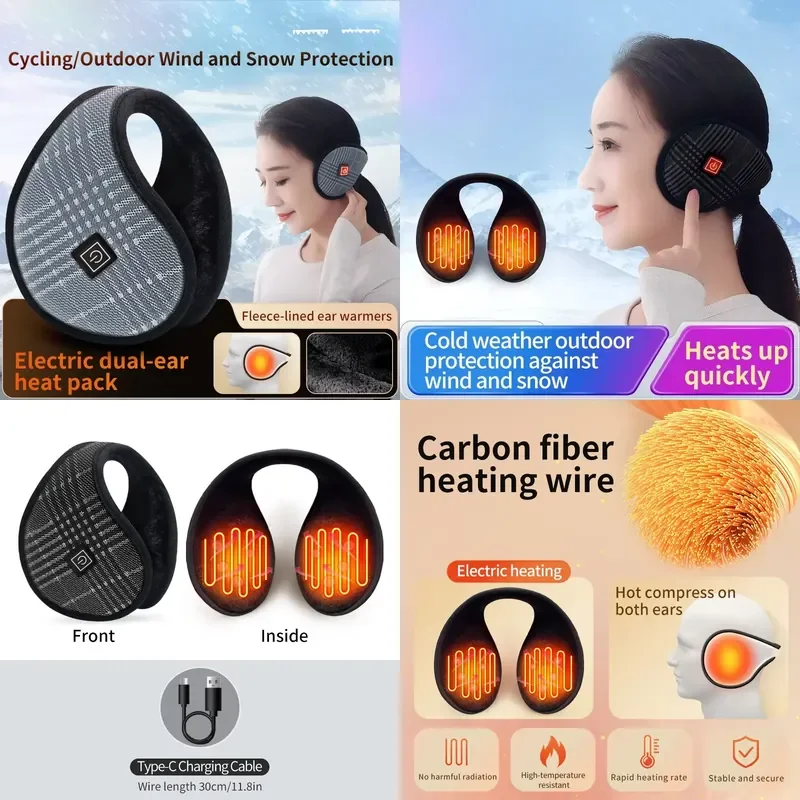 For Winter Heated Earmuffs USB Rechargeable Electric Ear Warmers Windproof Foldable Headband for Cycling Skiing Outdoor