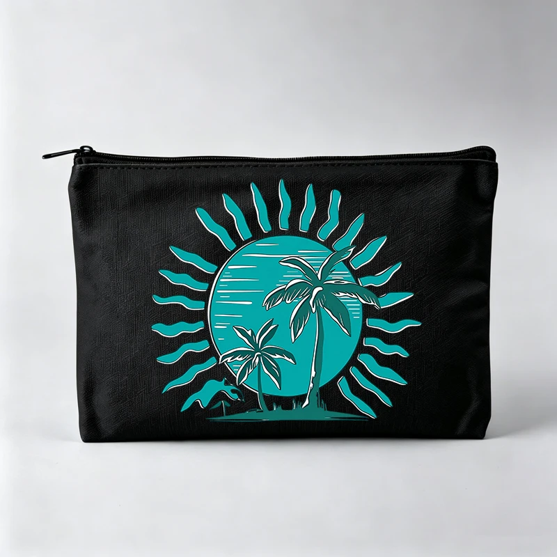 Women's Sun and Palm Tree Print Makeup Bag, Tropical Graphic Cosmetic Pouch for Daily Use
