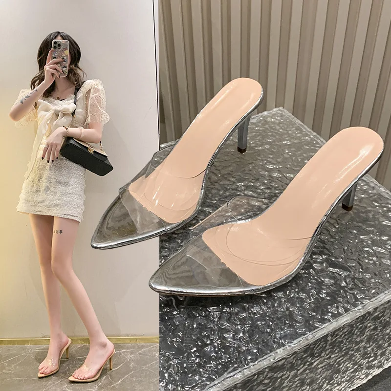 Simple Mid-heel Pointed Slippers Women Sandals 2025 Summer High-heeled Womens Shoes Sexy Outside Modern Fashion Slides Size 42