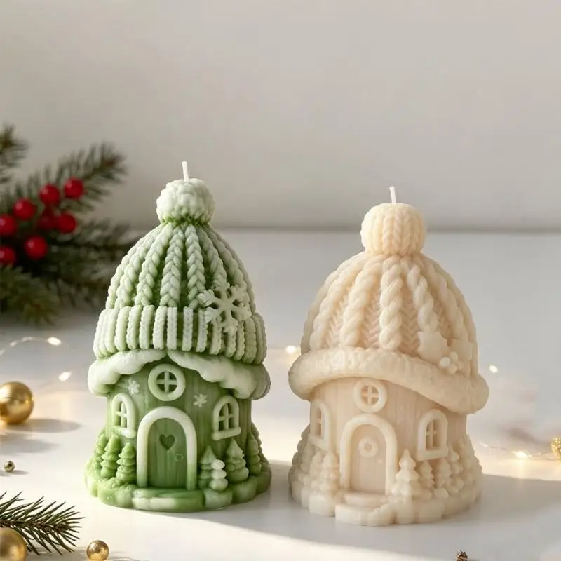 Flexible Silicone House Molds for Waxes, Plasters, and Resins, with Knitted Texture for Christmas Cottages Craft Projects