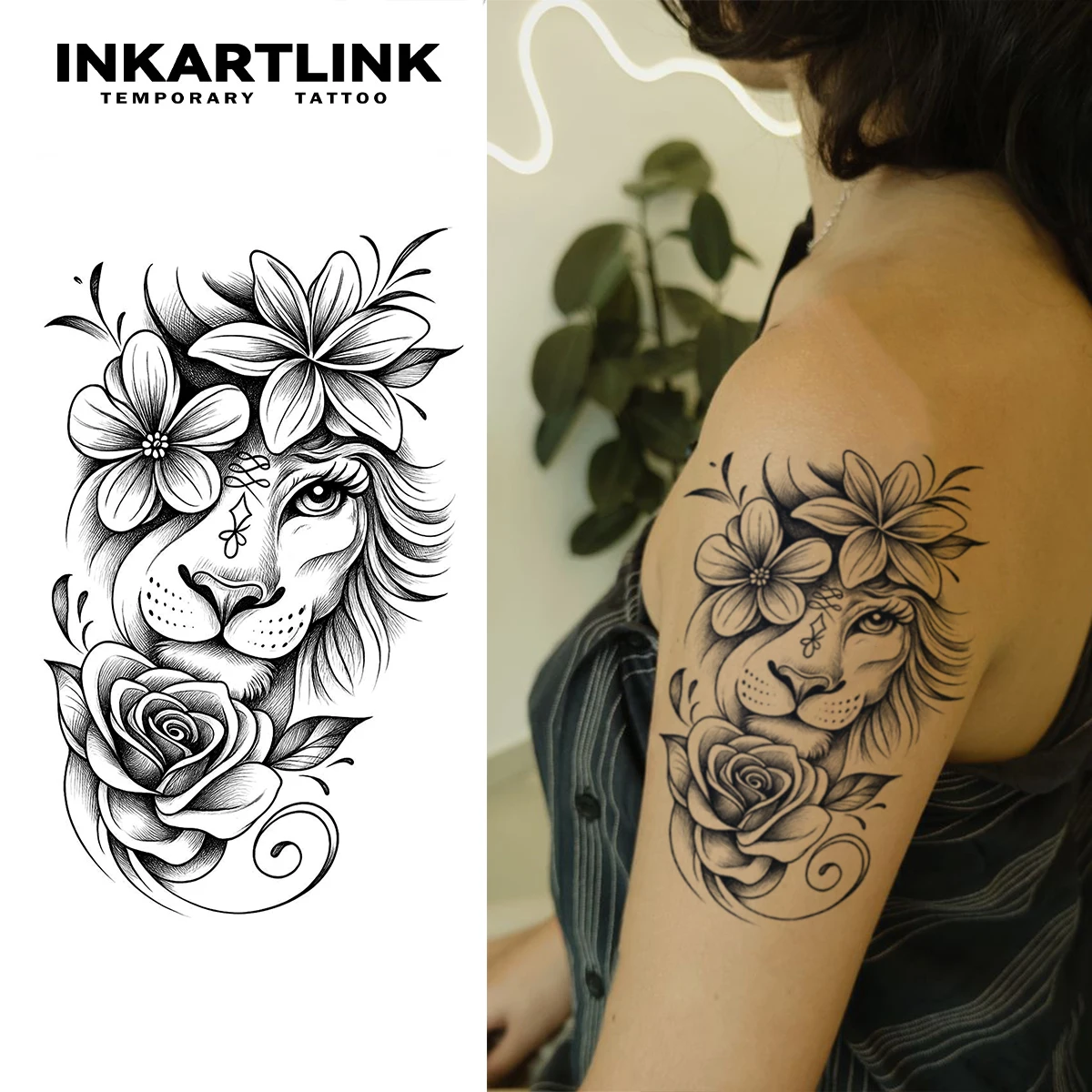 INKARTLINK Lion Flower Tattoo Patch Waterproof Continuous Co