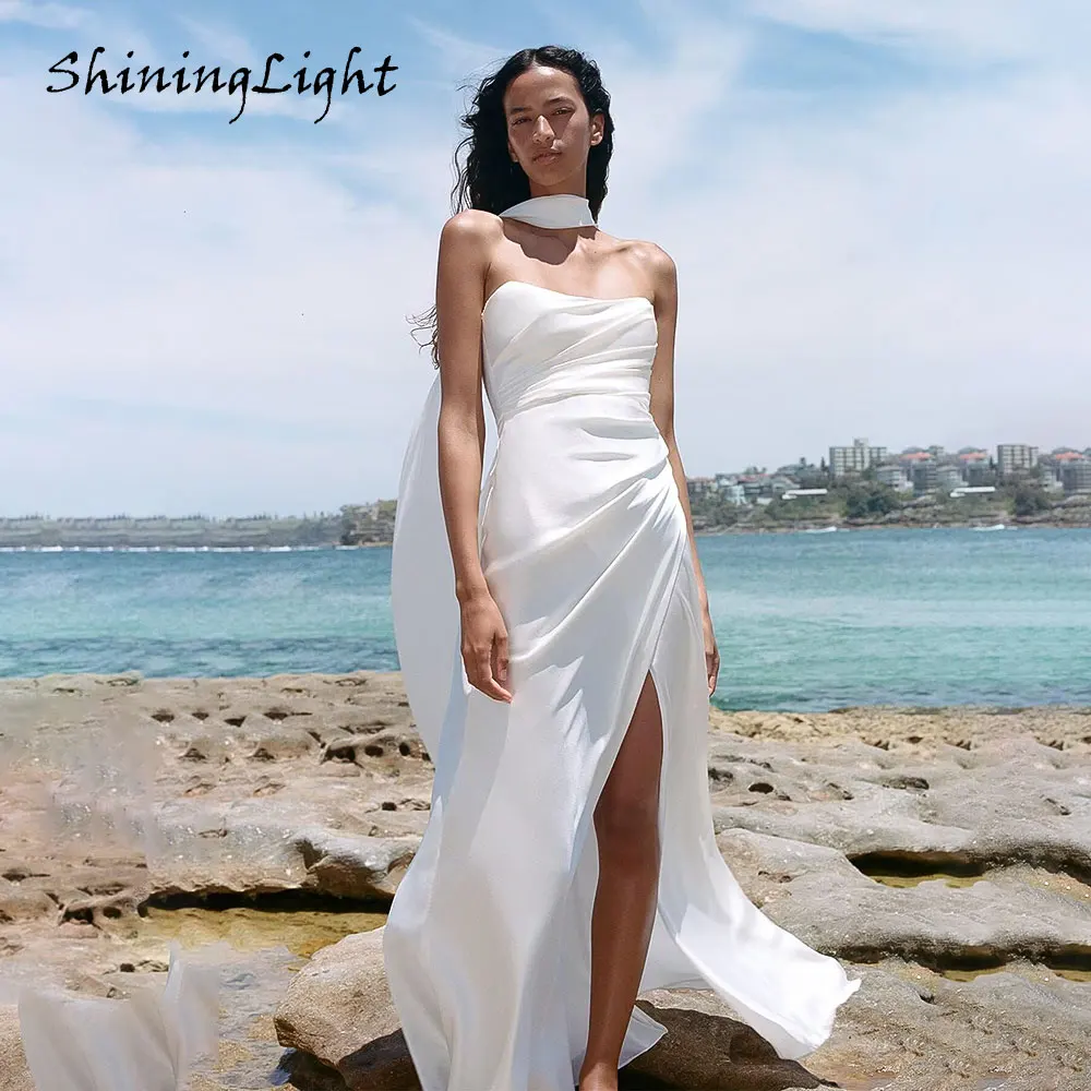 

ShiningLight Strapless Beach Wedding Dresses with Scarf Sexy Slit Pleats Chiffon Minimalism Wedding Bridal Gowns Customized