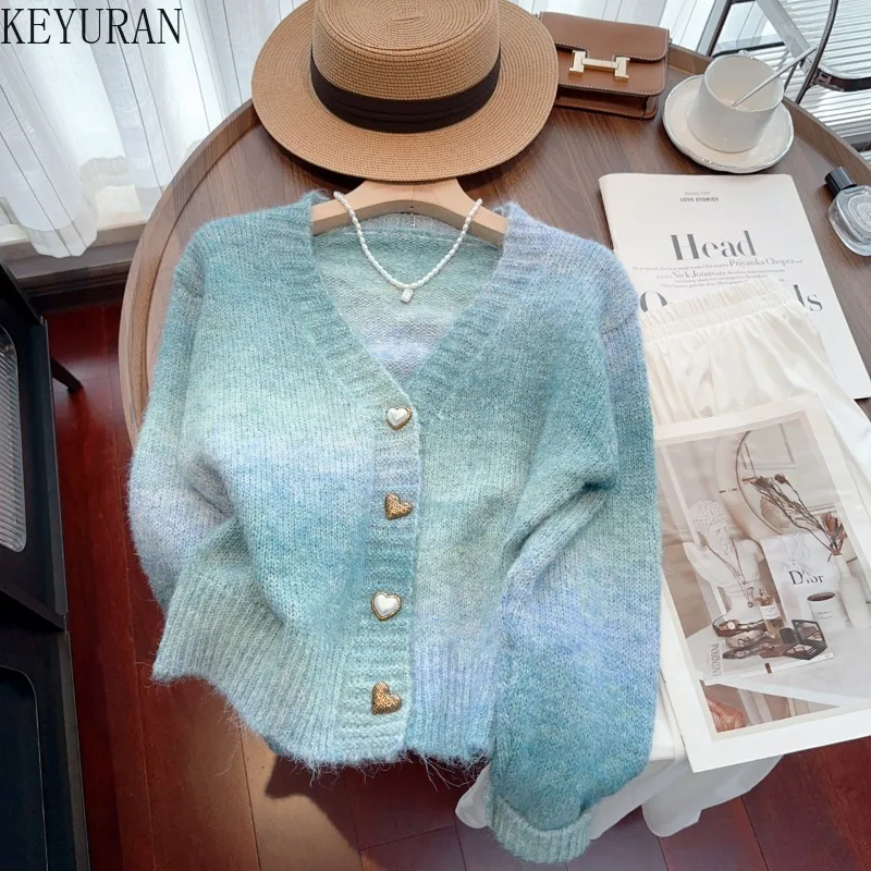 2024 New Autumn Winter Rainbow Gradient Mohair Sweater Coat Women Korean Fashion Chic V-Neck Long Sleeve Knitted Cardigan Jacket