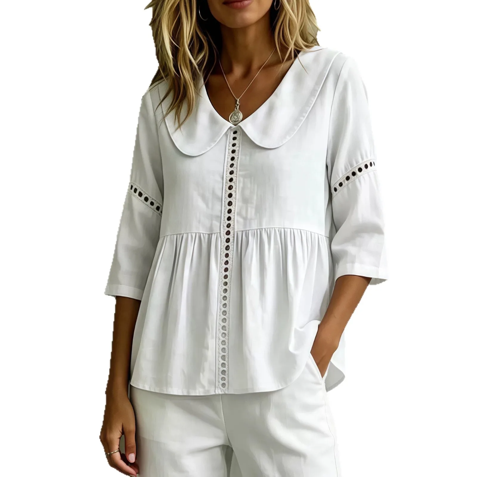 

2026 Summer Women's Blouse Elegant Lace Patchwork Peter Pan Collar Shirt Casual Loose Three Quarter Sleeve Tops Office Wear New