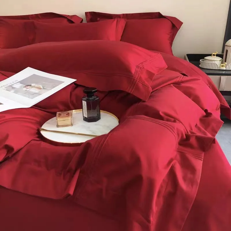 Wedding bedding, big red celebration, simple four piece set, simple solid color, 100 count long staple cotton, pure cotton duvet