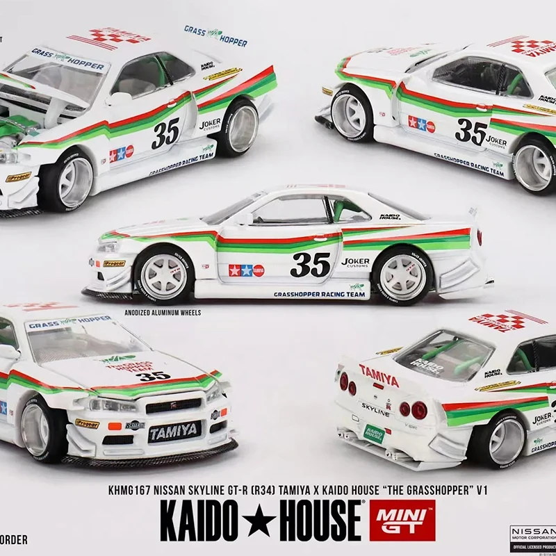 PreSale MINIGT KHMG 167 1:64 Nissan Skyline GTR R34 The Grasshopper V1 Openable Hood Diecast Car Model Kaido House