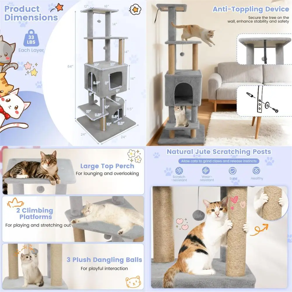 

64-Inch Grey Feline Play Tower with Plush Platforms and Scratching Poles