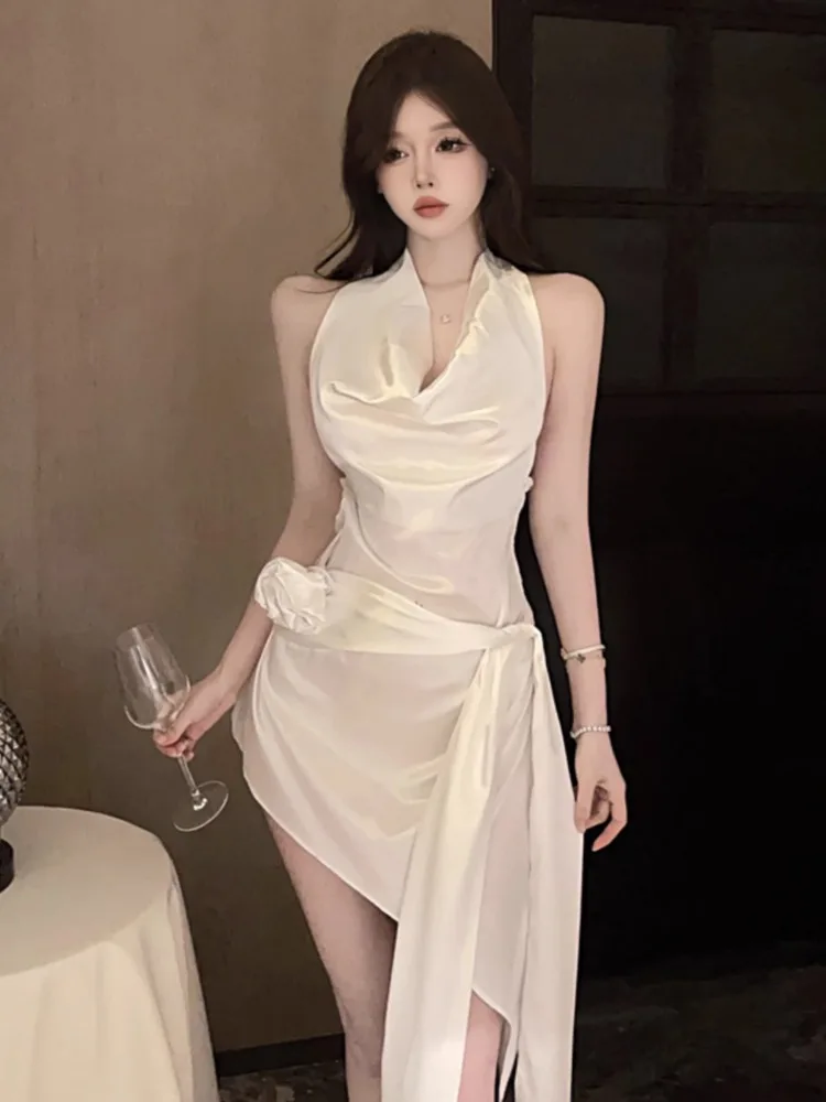 Ezgaga Woman Dress Irregular Sexy Ribbon Flowers Sleeveless Halter Slim French Style Backless Party Dresses Elegant Clubwear