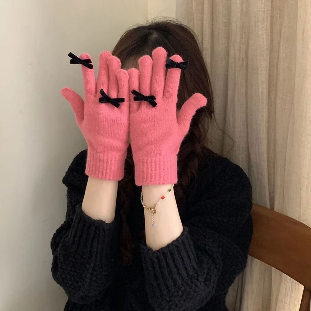 2024 Fashion Korean Touch Screen Finger Gloves Girls Bownot Knitted Five Finger Gloves Women Winter Thicken Warm Solid Mittens