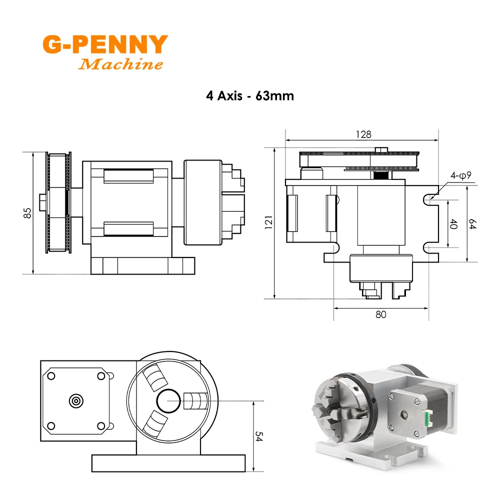 G-Penny 4th Axis Kit With Tailstock Rotate Axis With Nema17 Stepper Motor 50/65mm CNC Dividing Head Rotation 4:1 for Mini Router