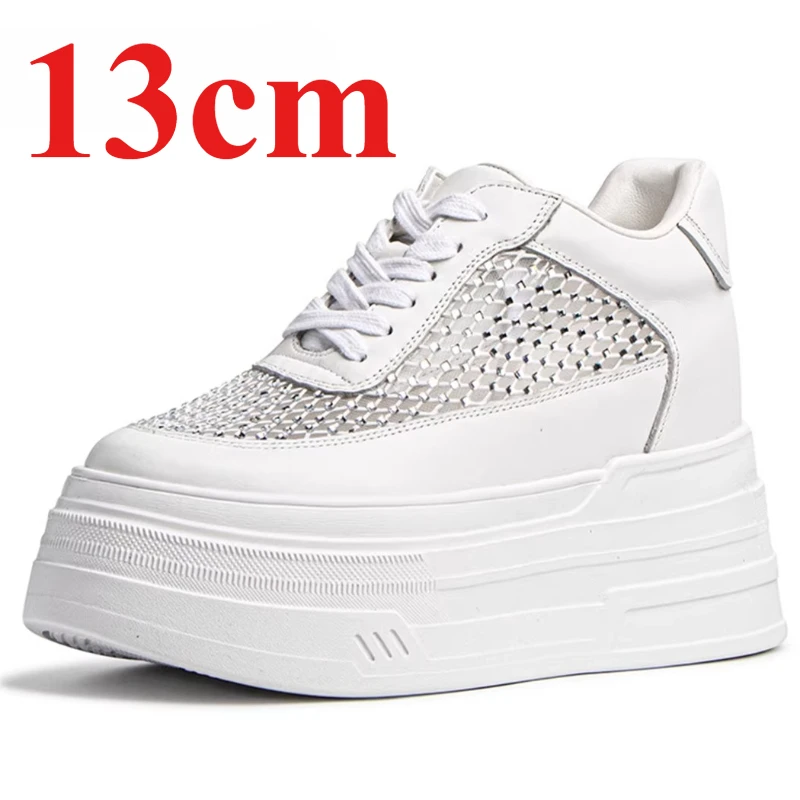 Women's 13cm Elevator Genuine Leather Breathable Sports Casual Shoes Height Increasing Shoes Summer Thin Hollow Mesh White Shoes