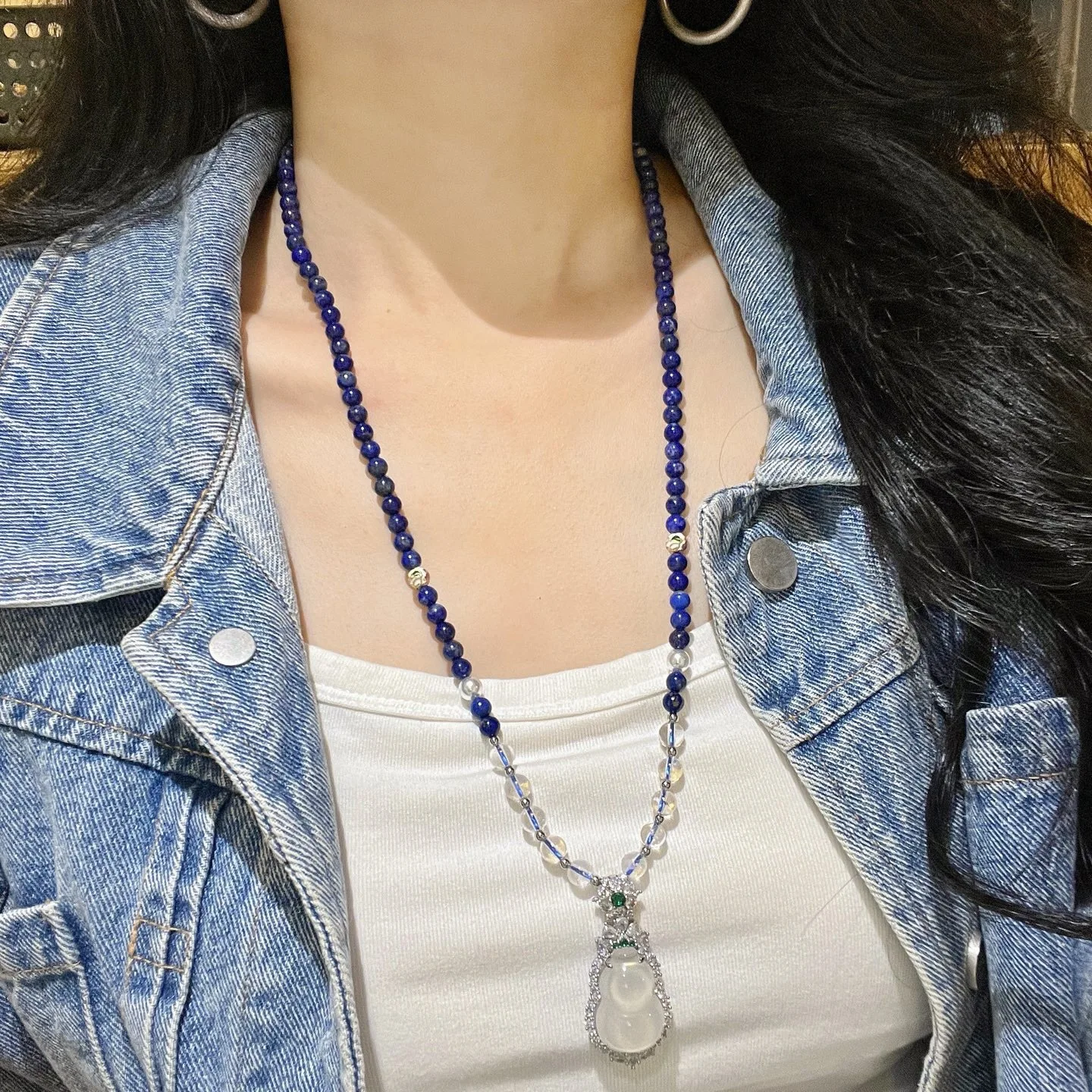 Original design high quality natural lapis lazuli white crystal chalcedony gourd pendant long sweater chain necklace