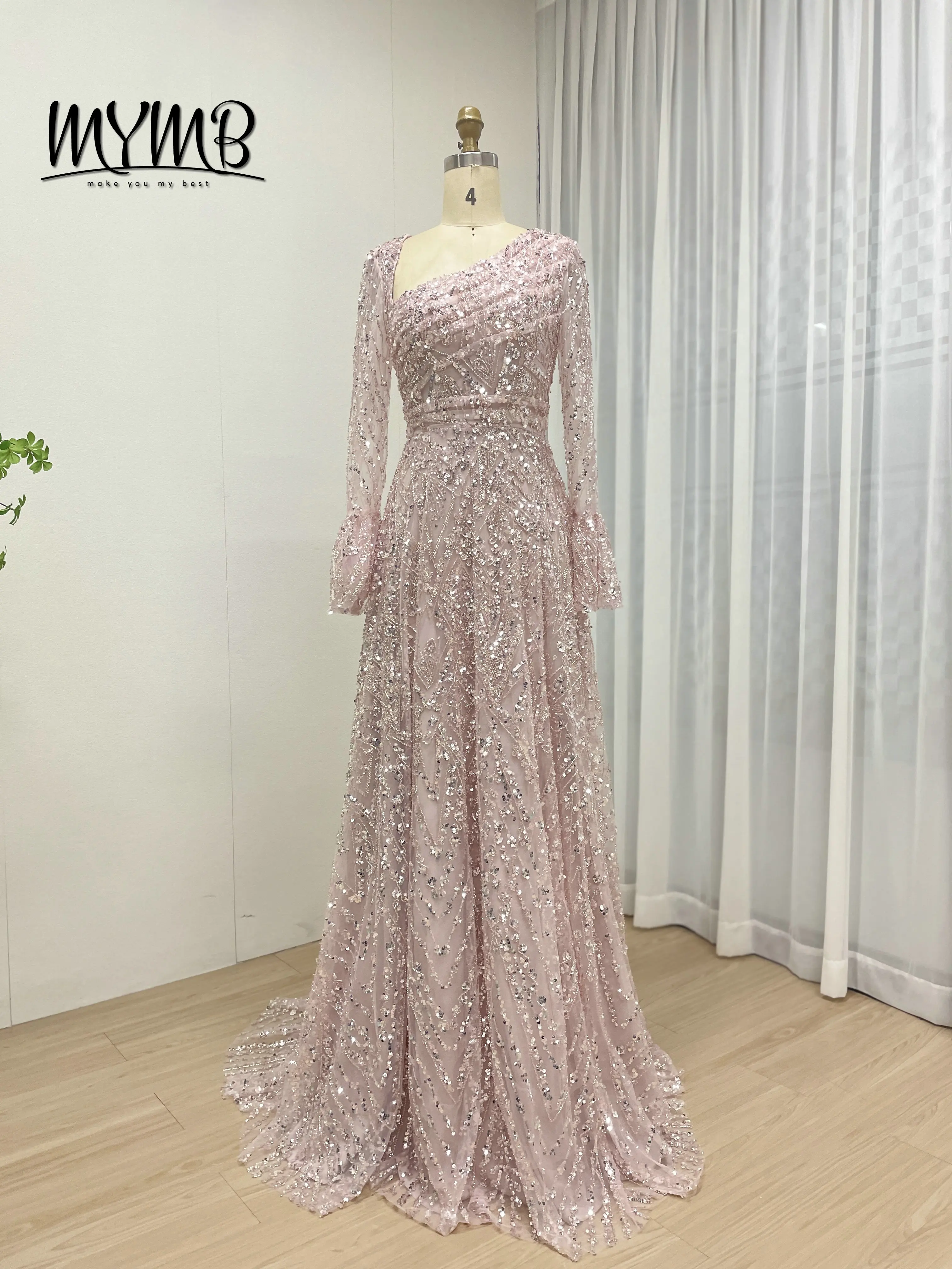 Mymb lindo deslumbrante elegante manga longa uma linha vestido de noite de baile com contas bordadas requintadas para ocasiões formais MY30089-2