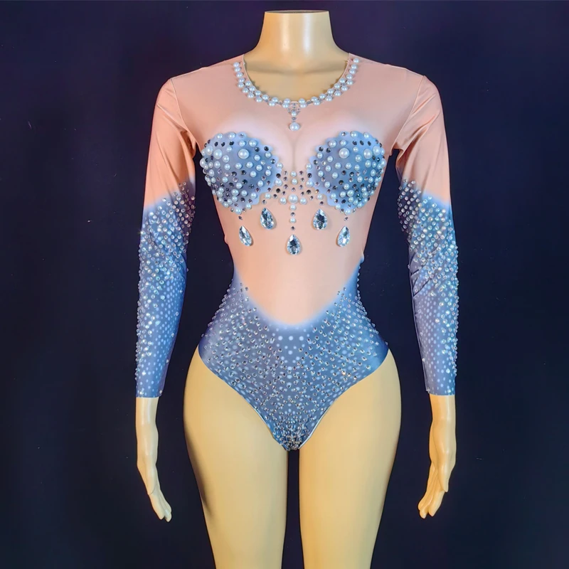 9 kleuren sexy mesh parels strass bodysuit vrouwen nachtclub halloween gogo kostuum vieren party outfits stadium slijtage xs10110