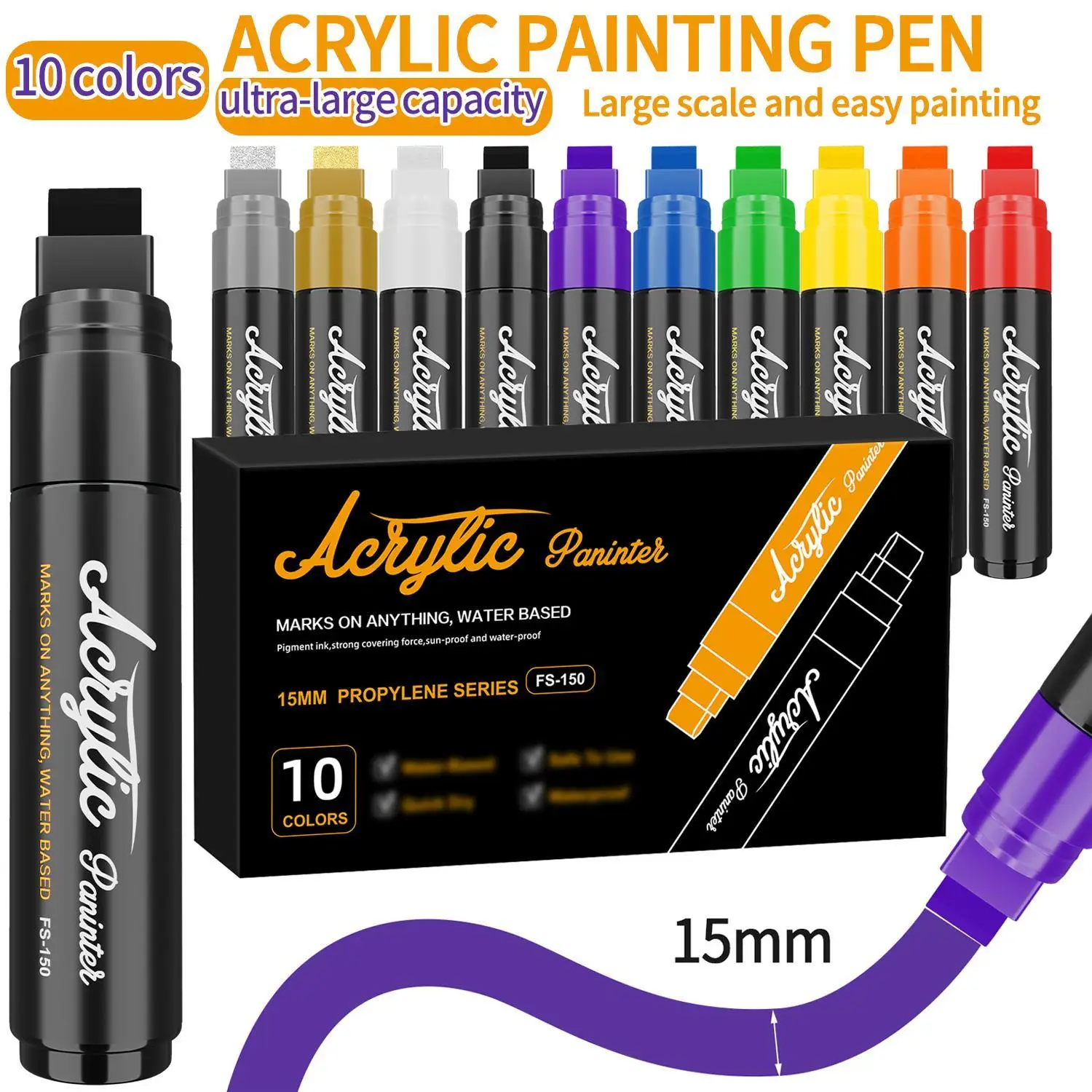 Flysea 10 Colors/Set Large Capacity 15mm Water-Based Acrylic Markers, Large Capacity 15mm Valve-Type Broad Tip Waterproof Fluorescent Pens, Liquid Graffiti Painting Art-Specific Non-Transparent Color Stackable DIY Markers