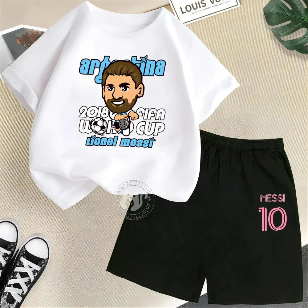 

Kids Summer Boys Girls 100% cotton Short sleeve T-shirt + Shorts Messi Play Football cartoon Cute printed street casual suit