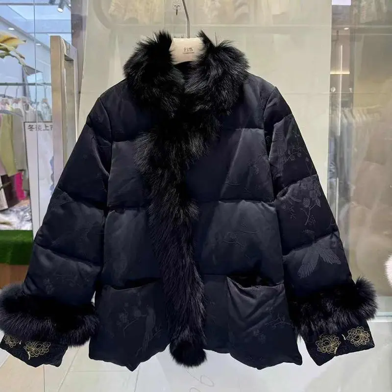 

Europe Station winter line new Chinese style dark pattern jacquard diagonal placket Chinese style feather velvet cotton jacket