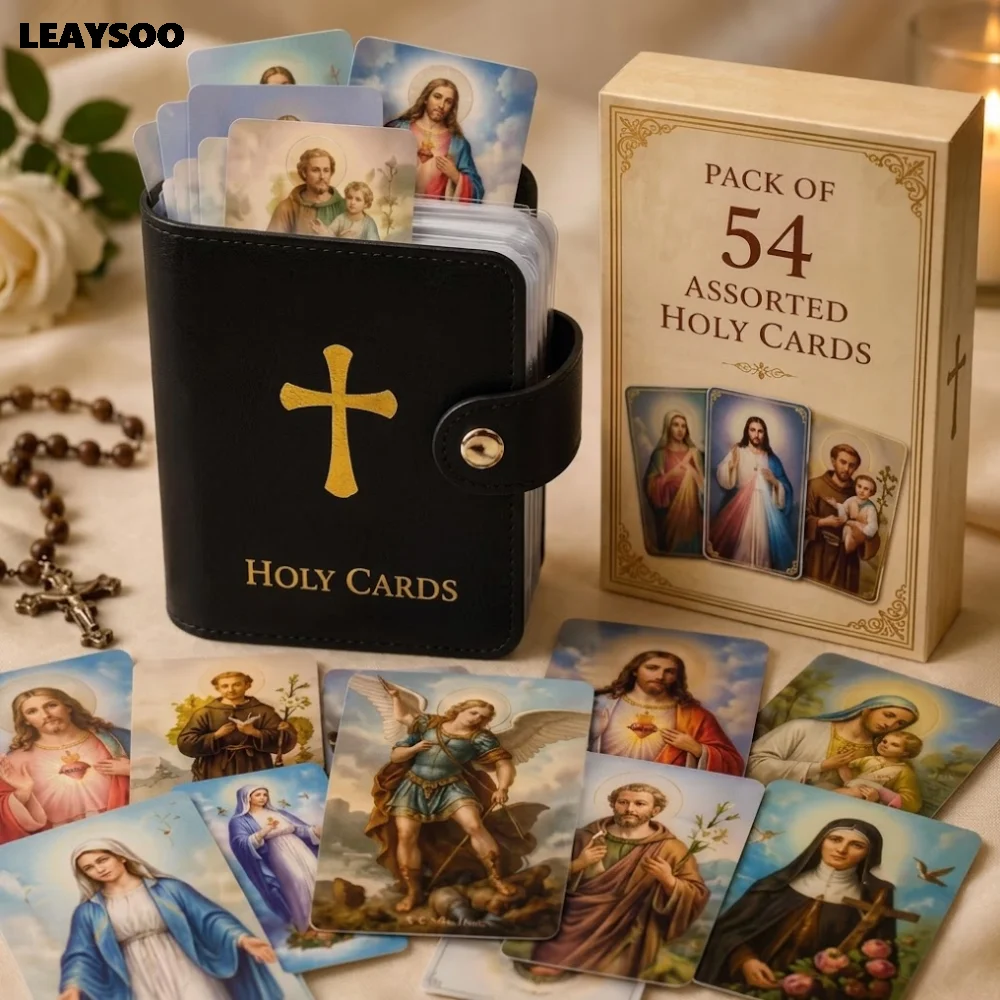 54Pcs Assorted Holy Cards with PU Leather Holder Catholic Saints Prayer Cards Collection Binder Christian Religious Gift Set