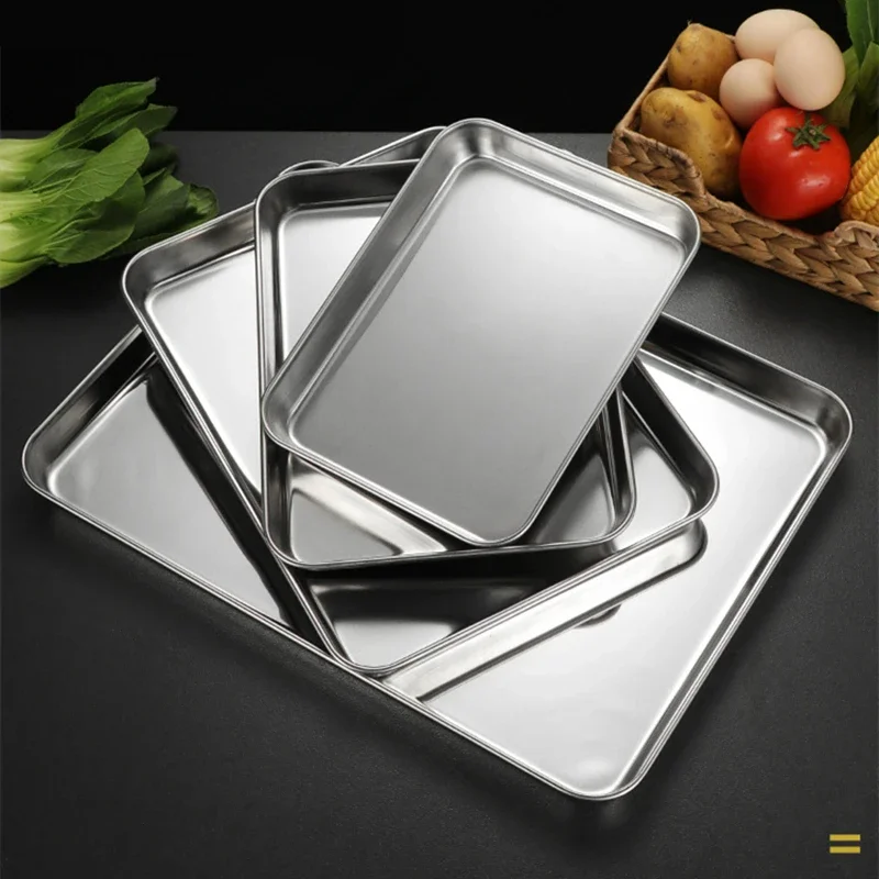 Rectangle Food Storage Trays Stainless Steel BBQ Grid Bakeware Baking Pan Steamed Sausage Fruit Pastry Plates Kitchen Utensils