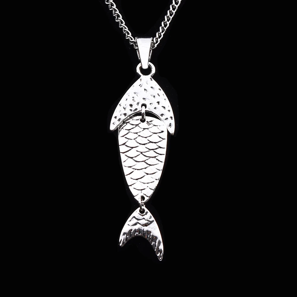 Tibetan Silver Large Animal Sealife Fish Pendant on Long Chain Necklace Lagenlook 34 Inches for Jewelry Women Men Gift