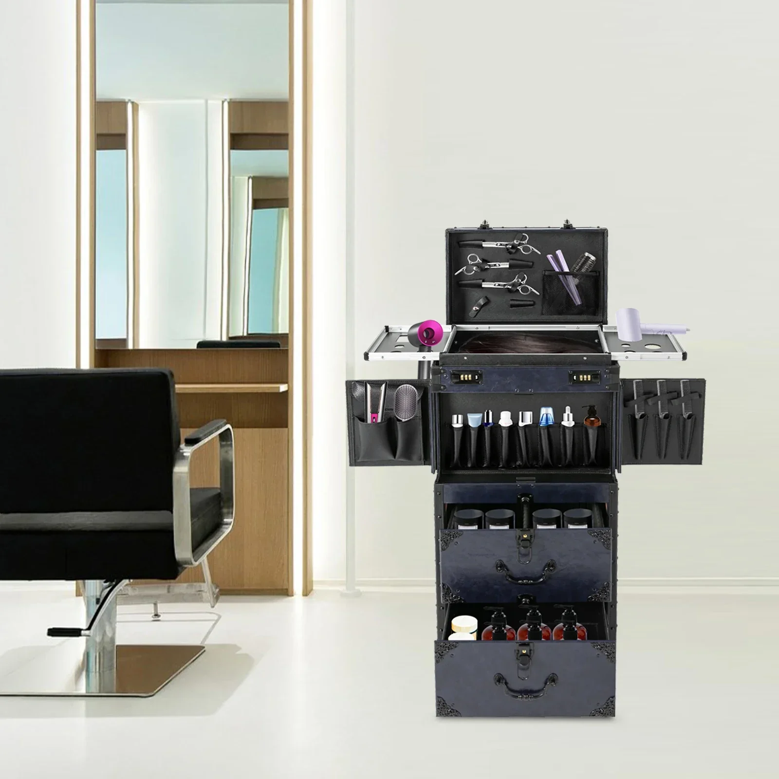 블루 빈티지 롤링 미용 도구 케이스 – 전문가를 위한 업그레이드된 금속 바퀴가 있는 복고풍 스타일리스트 트롤리