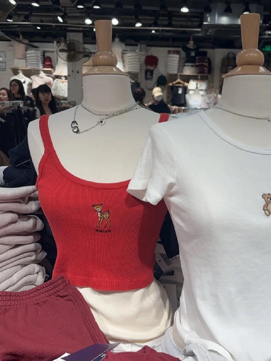 

Тонкие майки с вышивкой «Маленький олень», женские летние сексуальные укороченные топы в рубчик без рукавов с круглым вырезом, милые милые модные красные майки Y2k