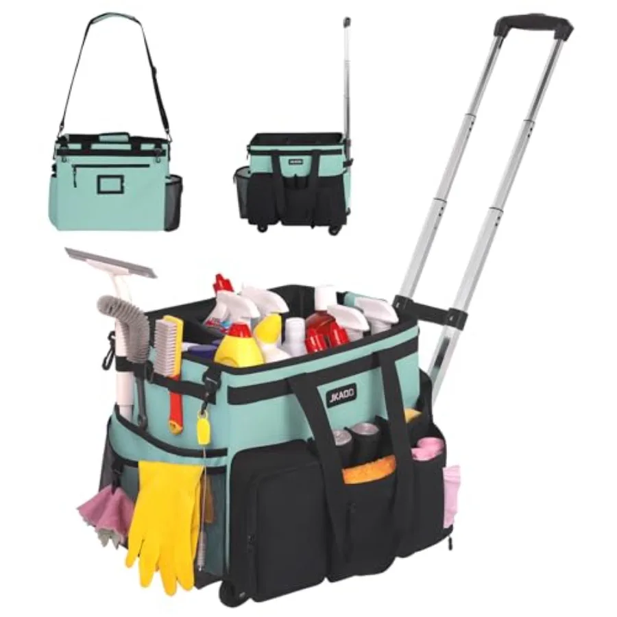 Large Rolling Cleaning Caddy Bag with Detachable Trolley Waterproof Cleaning Caddy on Wheels for Housekeepers Cleaning Cart Sup