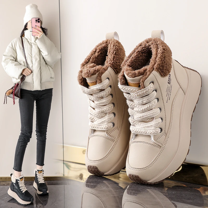 Damen Winter Fleece-Gefütterte Hohe Schneestiefel Weiche Sohle Warme Baumwollschuhe Rutschfeste Kurze Stiefel Vielseitige Baumwollstiefel