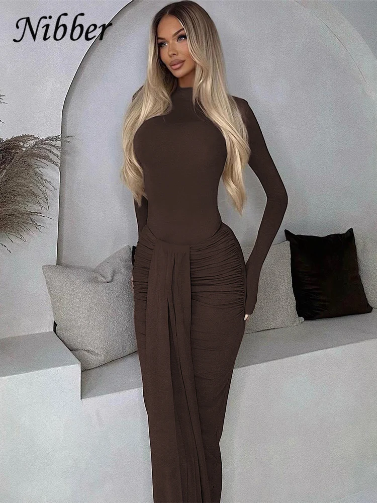 Nibber Casual elegancki damski 2-częściowy zestaw solidne body z dekoltem w kształcie litery "o" z pełnym rękawem + plisy frędzle obcisłe spódnice pasujące garnitury hipsterskie — zdjęcie 6