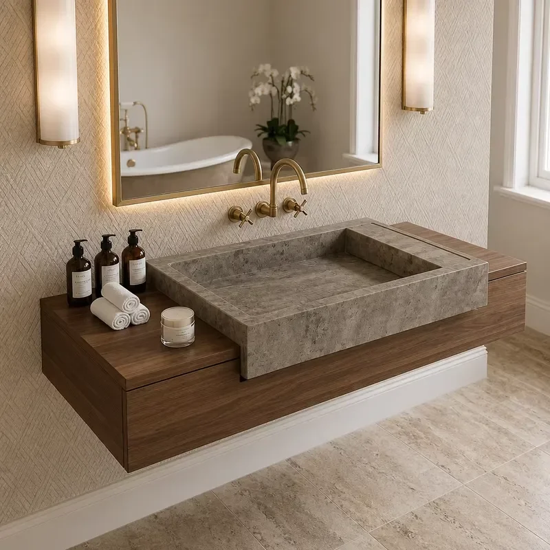 Handmade Silver Travertine Bathroom Sink Cabinet Sets Wooden Drawer Modern Vanity Basin Custom Size Wash Basin