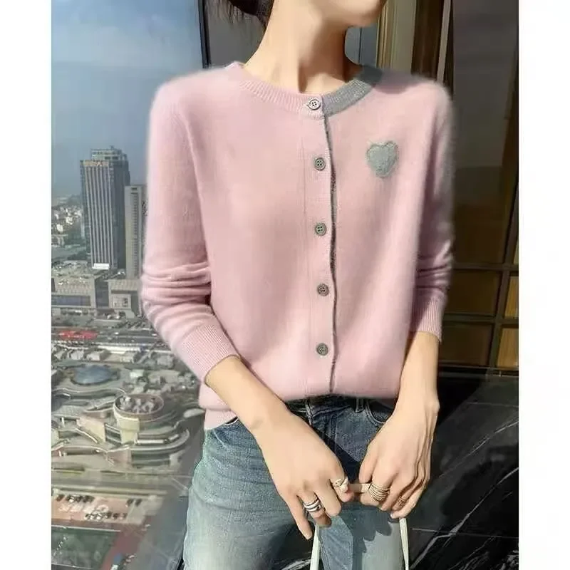 Cárdigan de punto bordado con cuello redondo y bloques de Color para mujer, nuevo estilo, moda holgada, moda perezosa