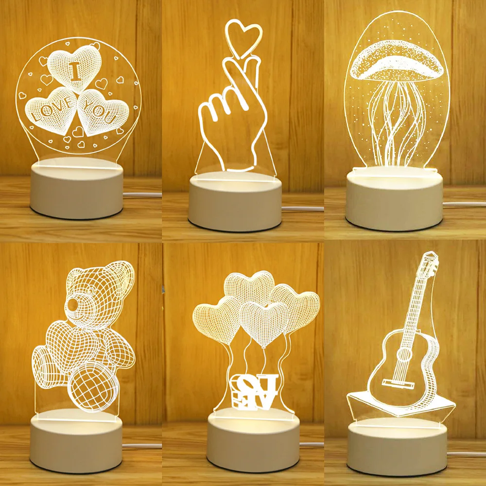 Romantic Love 3D Acrylic Led Lights for Home Children\'s Night Light Table Lamp Birthday Party Decor Valentine\'s Day Bedside Lamp