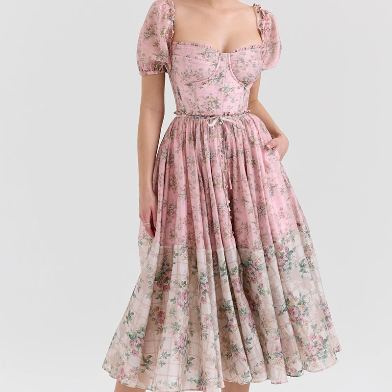 

Chiffon Summer Dresses 2025 Women Vintage Puff Sleeve Sashes A-line Midi Floral Print Boho Dress Holiday Robe Female Vestidos