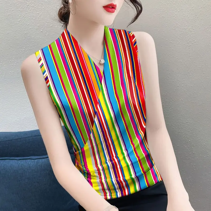 Elegant V-Neck Loose Sleeveless Striped T-Shirt Women Clothing 2023 Summer New Oversized Casual Pullovers Asymmetrical Tee Shirt