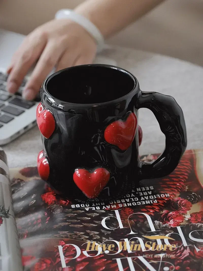 3D Heart-shaped Design Vintage Ceramic Mug, Cute Large Capacity, 3D Embossed Coffee Cup, Kitchen Drinkware Set
