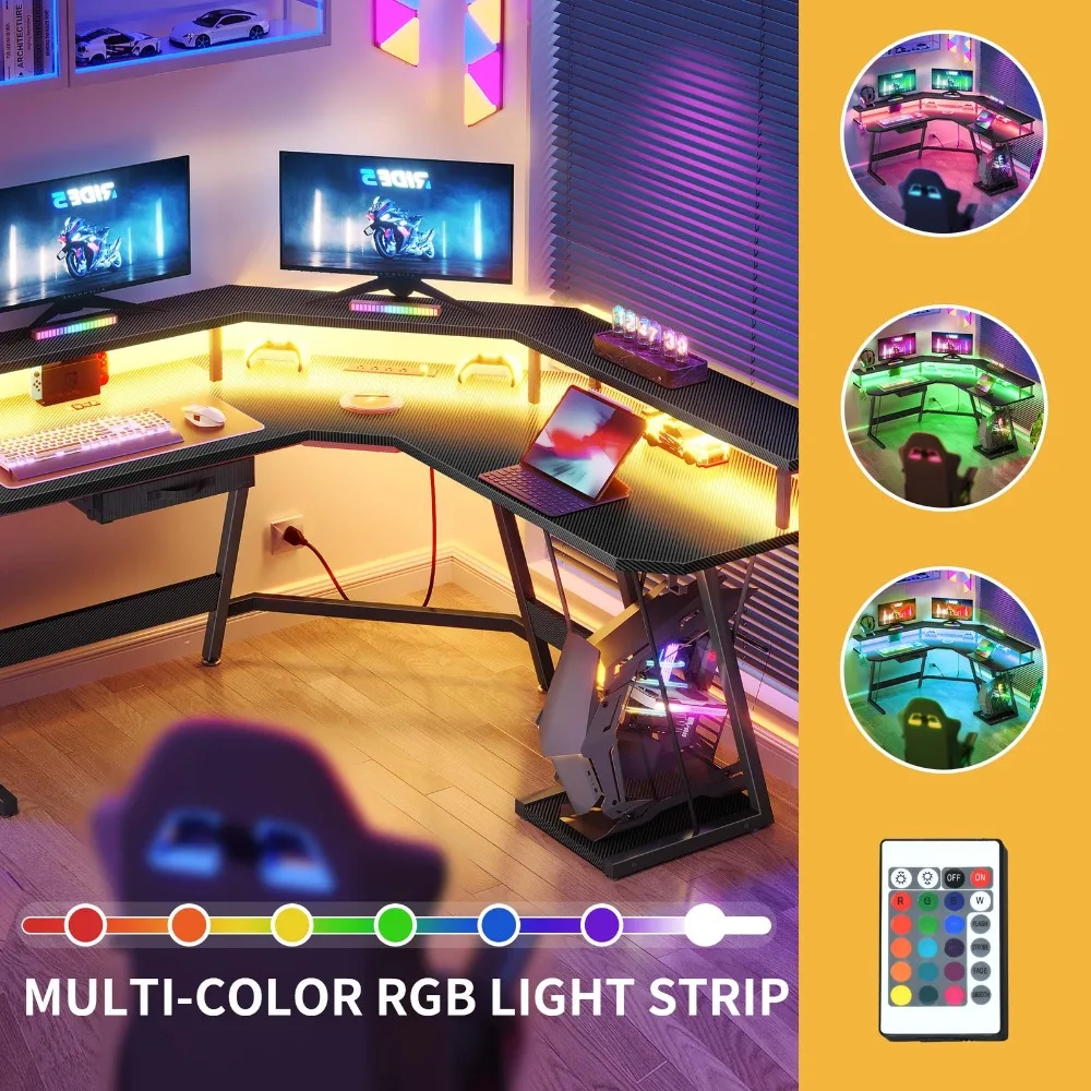 56 inch L-Shaped Gaming Desk Corner Table Computer Desk w/Drawer & Monitor Stand