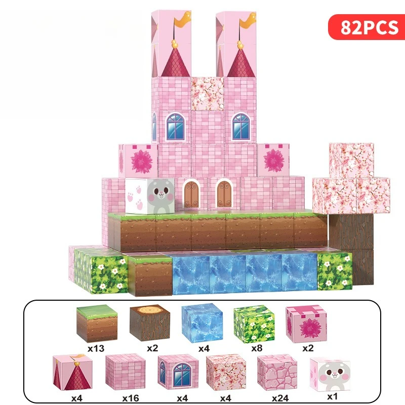 Princess Castle Magnetic Piece Building Blocks Set 2.0cm Square Bricks Educational Magnetic Assembly DIY Toys Girl Birthday Gift