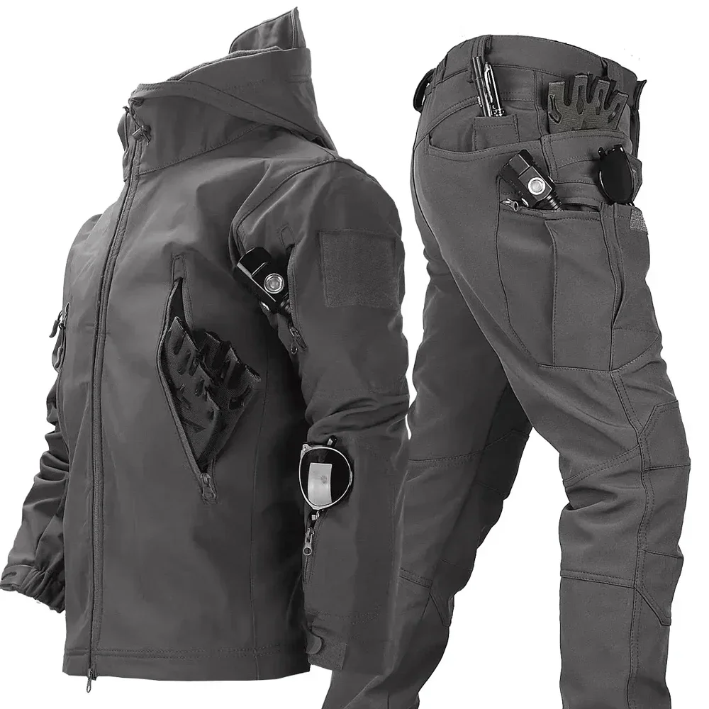 Suits for Men Winter Tactical Sets Shark Skin Biker Jacket Hoodie Pants 2 Piece Set Waterproof Workwear Clothes Pockets