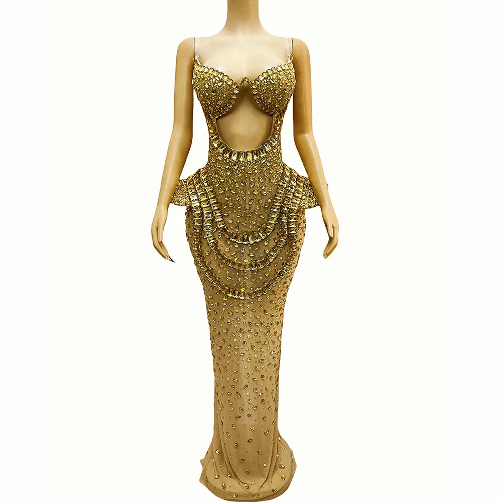 Sexy Gold Ausschnitt Kristall Maxikleid Strass Transparent Mesh Kleid Frauen Abend Abendkleid Roter Teppich Show Bühnenkostüm