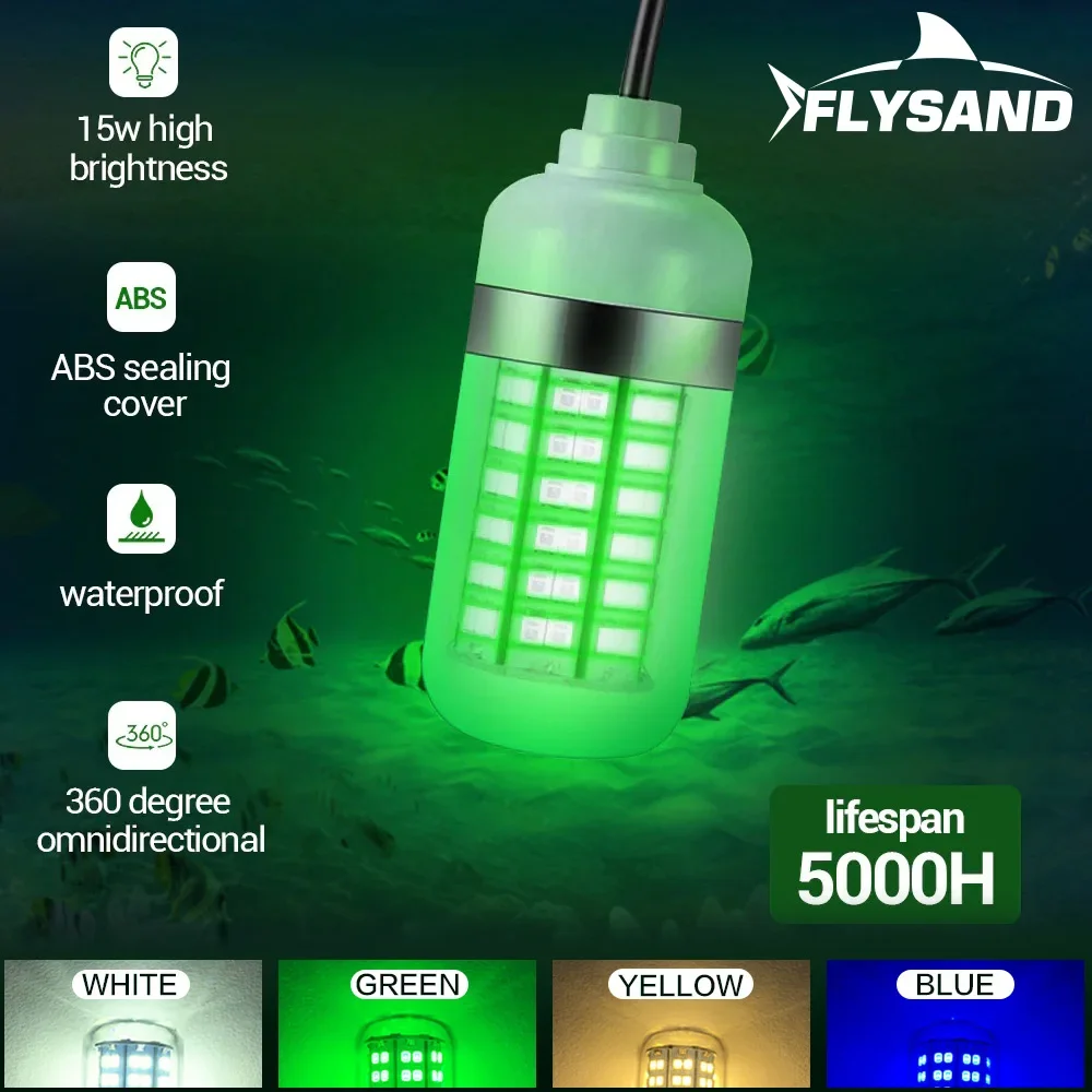 Flyss lampu bawah air Ultra terang, lampu memancing malam 12V 15W 108 LED IP68 tahan air dalam jatuh, lampu pencari ikan lampu perahu